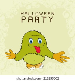 Funky poster, banner or flyer design with funny monster on grungy beige background for Halloween night party celebrations. 