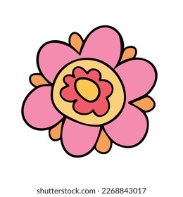 Funky primitive pink retro style flower illustration. Retro hippie good vibe 1970s