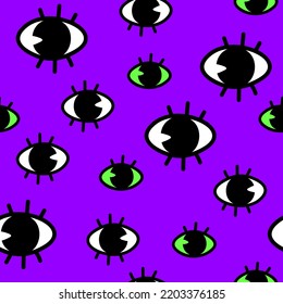 Funky psychedelic 70s and 60s vibes pattern with eyes. Decorative trippy Halloween vibes seamless pattern