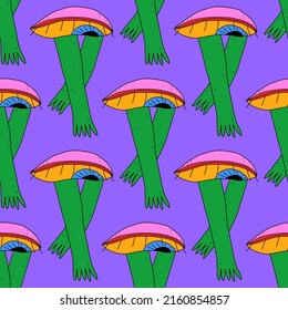 funky psychedelic 70s seamless pattern. Groovy eye character with legs. 1970s good vibes. Hippie 60s punk rock background. trippy art.quirky alien in retro vibrant colors. sad zombie eye for halloween