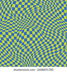 Funky Psychedelic Checkerboard Background with Retro Colors. Trippy design with distortion grid effect. Twisted wavy and groovy geometrical chessboard. Distorted funky 70s hippie art