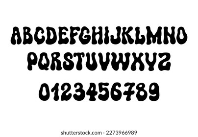 Funky psychedelic groovy font from the 60s. Vector modern type cartoon alphabet and numbers isolated on white background.
Design for poster, card, shirt