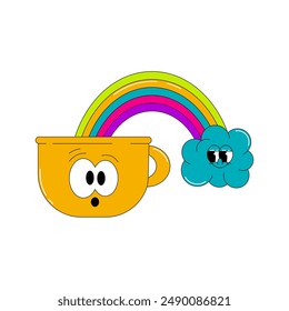 Funky psychedelic sticker cup of tea or coffee. Surprised characters mug with rainbow and cloud. Cute elements in groovy style. Vector illustration for cafe, bar, restaurant