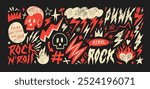 Funky punk crayon drawn shapes and stickers. Rock style doodle collection with pencil texture. Lightning, skulls, flames and rebel phrases. Red vector elements in punk grunge style.