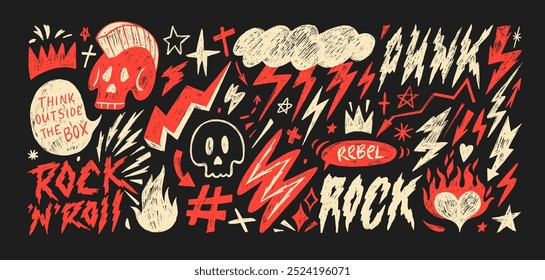 Funky punk crayon drawn shapes and stickers. Rock style doodle collection with pencil texture. Lightning, skulls, flames and rebel phrases. Red vector elements in punk grunge style.