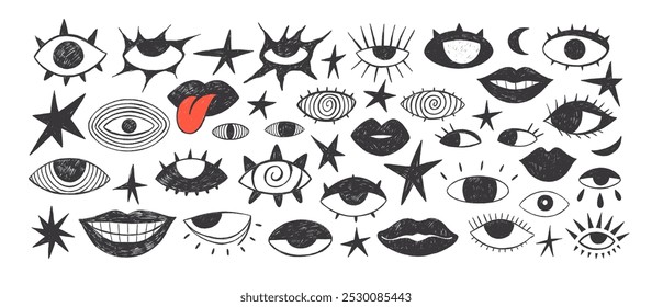 Funky punk style woman lips and psychedelic eyes collection. Crayon drawn doodle eyes, stars and mouths. Vector grunge punk crazy art in girly style for mixed media design. Grunge retro face elements