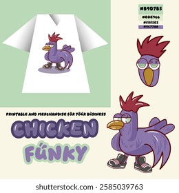 A funky purple chicken character vector design perfect for merchandise and printables. Vibrant and playful, this design adds a unique, fun touch to any product or project!