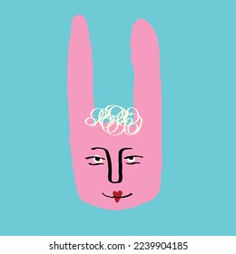 Funky rabbit with a lovely face. Freaky comic rabbit face. Bizarre Valentine's Day Card in modern doodle style. Vector illustration