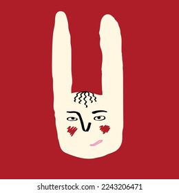 Funky rabbit with a lovely face. Freaky comic rabbit face. Bizarre Valentine's Day Card in modern doodle style. Vector illustration