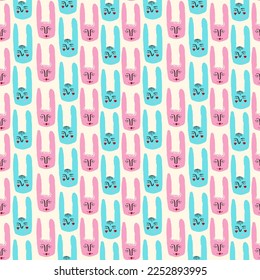 Funky rabbit with a lovely face pattern. Freaky comic rabbit face seamless background . Bizarre Valentine's Day Card in modern doodle style. Vector illustration