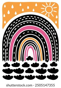Funky rainbow vector background with doodle style