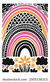 Funky rainbow vector background with doodle style