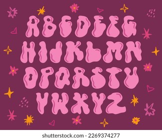 Funky rave groovy font from the 60s in psychedelic style. Vector modern cartoon alphabet