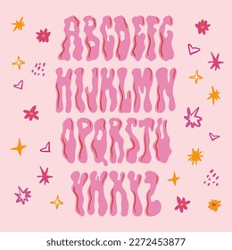 Funky rave groovy font from the 60s in psychedelic style. Vector modern cartoon alphabet