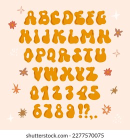 Funky rave groovy font from the 60s in psychedelic style. Vector modern cartoon alphabet