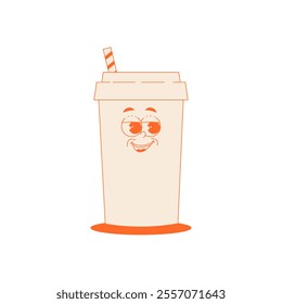 Funky red drink glass character with straw in trendy retro groovy style. Psychedelic fast food mascot with face. Cool vector sticker in monochrome palette