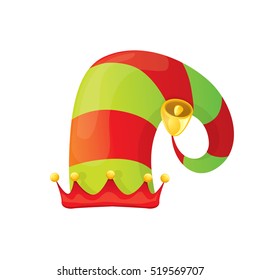 funky red and green stripped cartoon christmas vector elf hat isolated on white. vector elf hat icon or label 