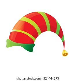 Funky Red And Green Stripped Cartoon Christmas Vector Elf Hat Isolated On White. Vector Kids Elf Hat Icon Or Label