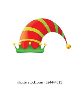 funky red and green stripped cartoon christmas vector elf hat isolated on white. vector kids elf hat icon or label