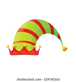 Funky Red And Green Stripped Cartoon Christmas Vector Elf Hat Isolated On White. Vector Kids Elf Hat Icon Or Label