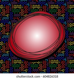 A funky red speech bubble over a seamless rainbow Memphis style design on black. Vector EPS-10 file, transparency used. 