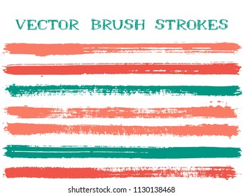 Funky red teal ink brush strokes isolated design elements. Set of paint lines. Advertising Ink brushes stripes isolated on white, vector color scheme samples.