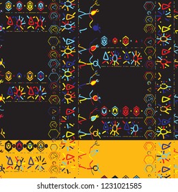 Funky repeating pattern. African ethnic and tribal motifs vector design. Free Style childish funky ornament. Geometric and native african aboriginal elements. Colorful Elements on Black and Orange