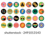 Funky retro abstract colorful circle stickers icons template isolated design elements set on white background