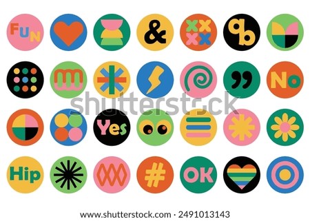 Funky retro abstract colorful circle stickers icons template isolated design elements set on white background