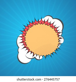 Funky retro abstract sign template pop-art style explosion red and orange zap with cloud over blue background - comic book sketch. Vector illustration