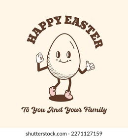 Funky retro banner with walking Easter Egg character. Happy Easter greeting card in vintage nostalgic groovy style. Quirky outline mascot for holiday. Social media square template. Vector illustration