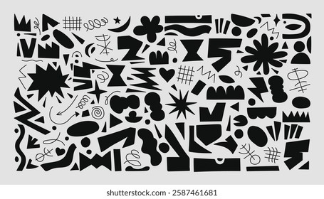 Funky Retro Black and White Abstract Doodle Shapes Vector Collection.Perfect for retro-inspired designs, creative branding, posters, digital art, backgrounds, and modern graphic compositions.