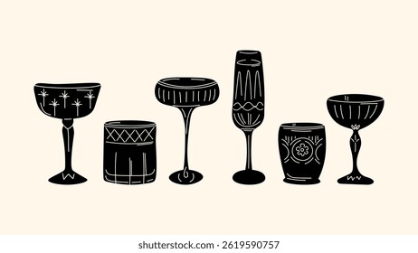 Funky retro cocktail set — vibrant cartoon-style drinks in hand-sketched hippie glasses