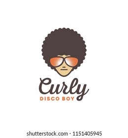 Funky Retro Disco Boy Face with Glasses and Curly African Afro Hairstyle