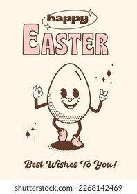 Funky retro Easter Egg walking and smiling. Happy Easter greeting card or poster in vintage groovy style. Quirky outline mascot character with halftone shadow for spring holiday. Vector illustration.