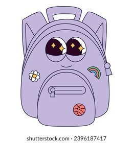 Funky retro groovy personaje de la mochila con insignias. De vuelta a la escuela. Temas de papelería infantil. Graciosos suministros escolares de estudio. Nostalgia 60, 70, 80. Vector de afiches, banner, sitio web