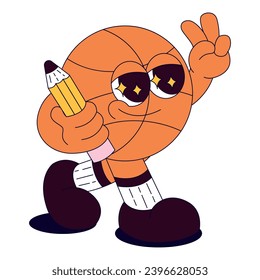 Funky retro groovy basketball ball character with pencil. Back to school. Children's stationery subjects. Funny study school supplies. Nostalgia 60s, 70s, 80s. Vector for poster, banner, website