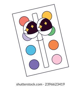 Funky retro groovy paint palette character with pencil. Back to school. Children's stationery subjects. Funny study school supplies. Nostalgia 60s, 70s, 80s. Vector for poster, banner, website