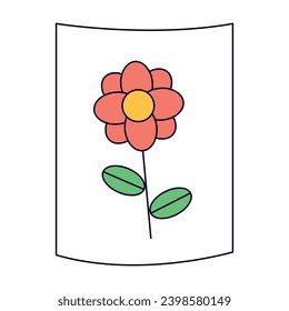 Funky retro groovy painted picture with flower. Back to school. Children's stationery subjects. Funny study school supplies. Nostalgia 60s, 70s, 80s. Vector for poster, banner, website