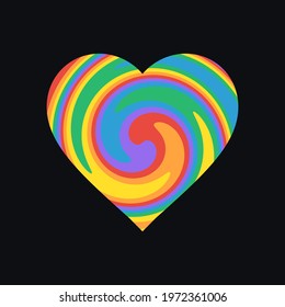 Funky Retro Heart Illustration with LGBT Pride Flag Rainbow Colours. Tie Dye Style Swirly Heart Vector Symbol. Abstract Design Element for LGBTQ Pride Month. 