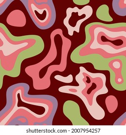 Funky retro repeatable pattern with abstract shapes over brown background. Vector seamless design. 