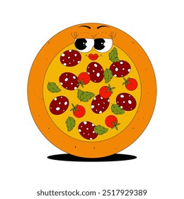 Personagem de pizza redonda funky com pepperoni, tomates, manjericão em estilo moderno retro groovy. Mascote de fast food psicodélico com rosto. Adesivo de vetor plano no fundo transparente