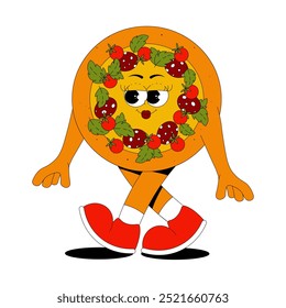 Personagem de pizza redonda funky com pepperoni, tomates, manjericão em estilo moderno retro groovy. Psicodélico andando fast food mascote com rosto, mãos e pernas. Adesivo no plano de fundo transparente 