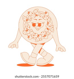 Funky round pizza character with pepperoni, tomatoes, basil in trendy retro groovy style. Psychedelic walking fast food mascot with face, hands and legs. Sticker in monochrome palette 