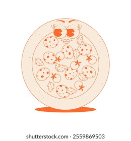 Funky round pizza character with pepperoni, tomatoes, basil in trendy retro groovy style. Psychedelic fast food mascot with face. Flat vector sticker in monochrome palette 