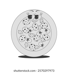 Funky round pizza character with pepperoni, tomatoes, basil in trendy retro groovy style. Psychedelic fast food mascot with face. Flat vector sticker in black monochrome palette 