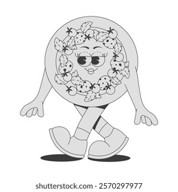 Funky round pizza character with pepperoni, tomatoes, basil in trendy retro groovy style. Psychedelic walking fast food mascot with face, hands and legs. Sticker in black monochrome palette 