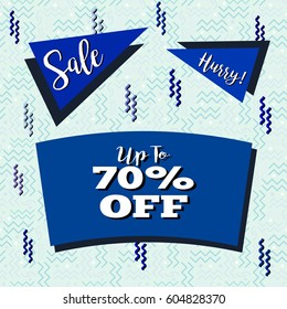 Funky sale flyer in Memphis style, with seamless background design in pastel blue tones. Vector EPS-10 file, transparency used. 