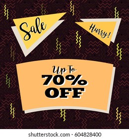 Funky sale flyer in Memphis style, with seamless background design in dark brown tones. Vector EPS-10 file, transparency used. 