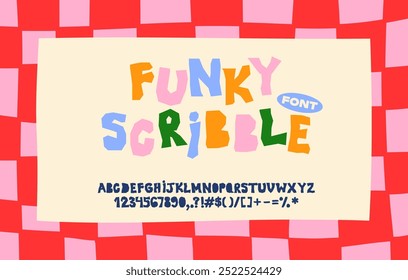 Funky scribble - cartoon doodle font for headlines. Crooked unexpected kids vector bold font letters and numbers. Groovy funky playful paper style 90s 80s